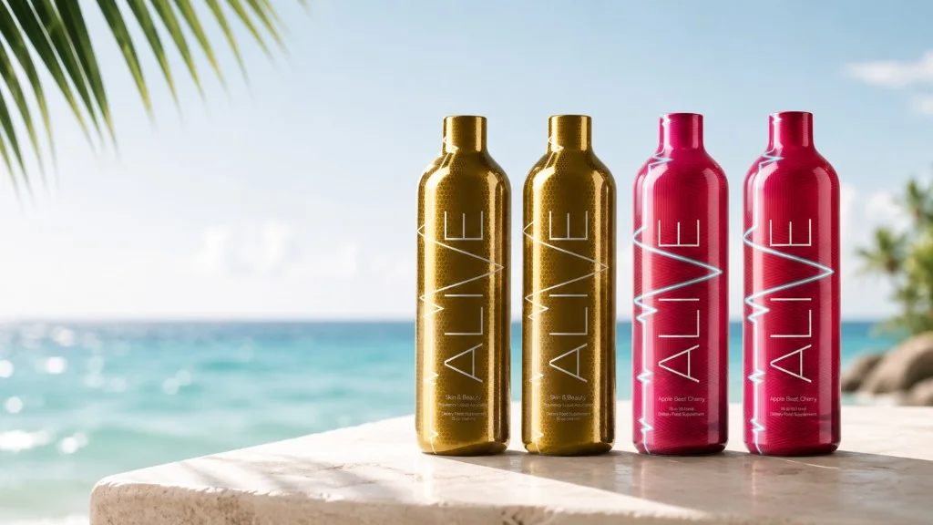 Alive Skin & Beauty and Apple Beet Cherry bottles on a sunlit beach